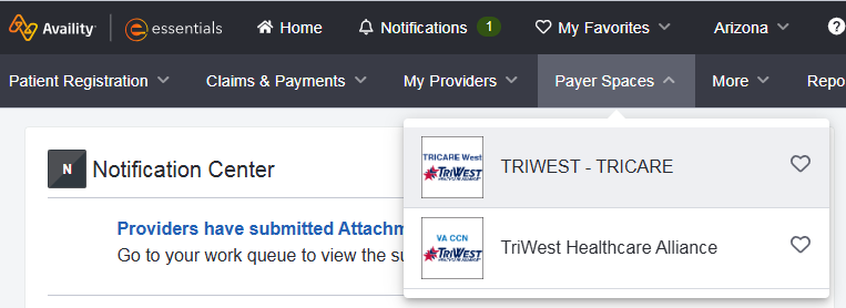 screenshot of Availity Payer Spaces dropdown